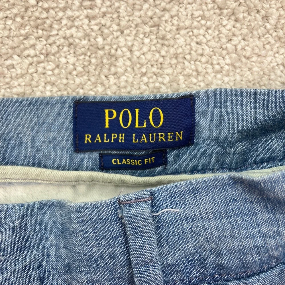 Polo Ralph Lauren Mens 33 Shorts Blue Classic Fit Cotton Chambray Flat Front